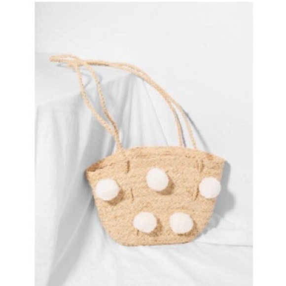 SHEIN Tan Straw Crossbody Bag with White Pom Poms - Picture 1 of 4